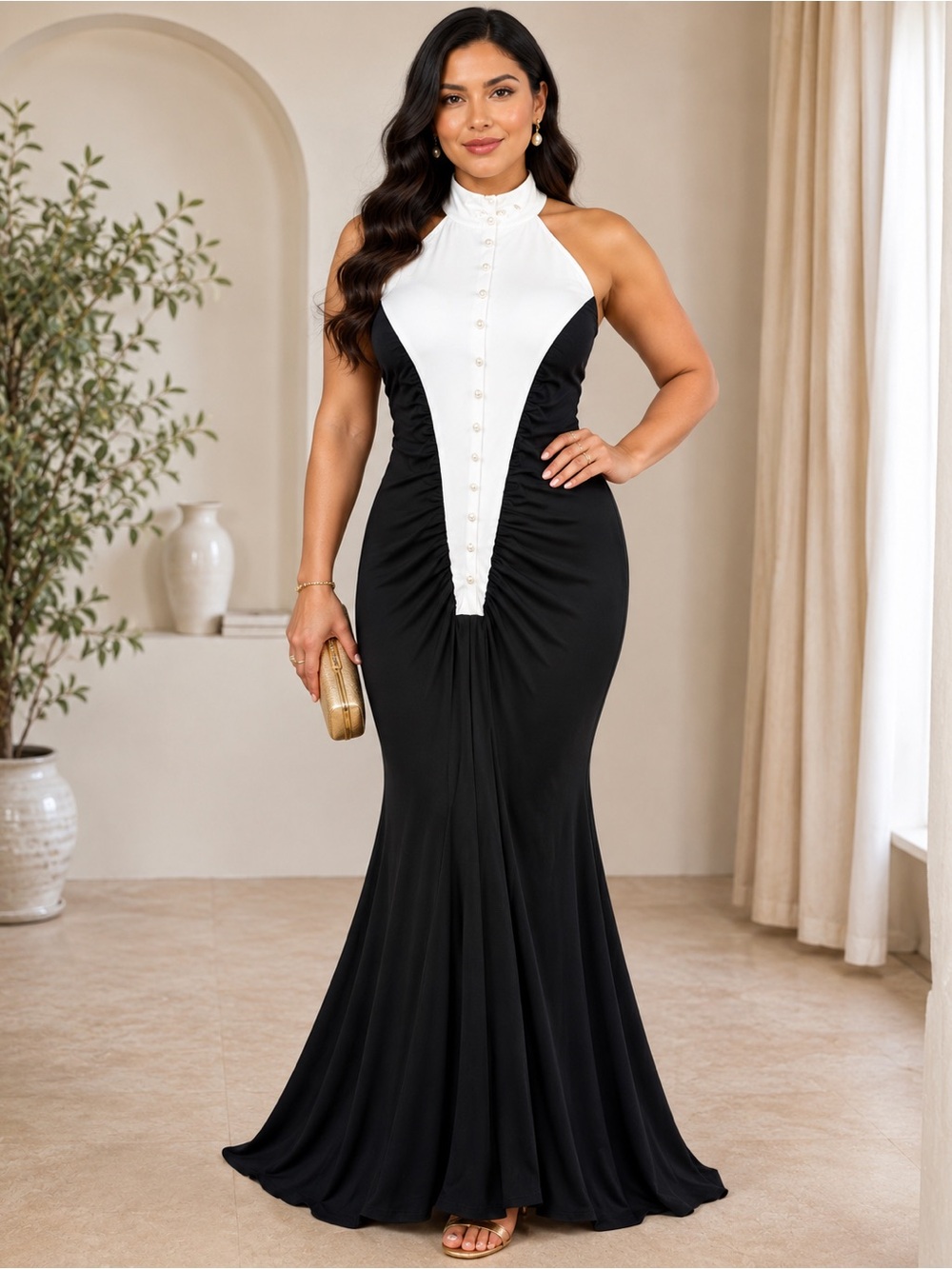 Sz L Monaco Pearl Evening Tuxedo Style ” Black & White Ruched Halter Maxi Dress